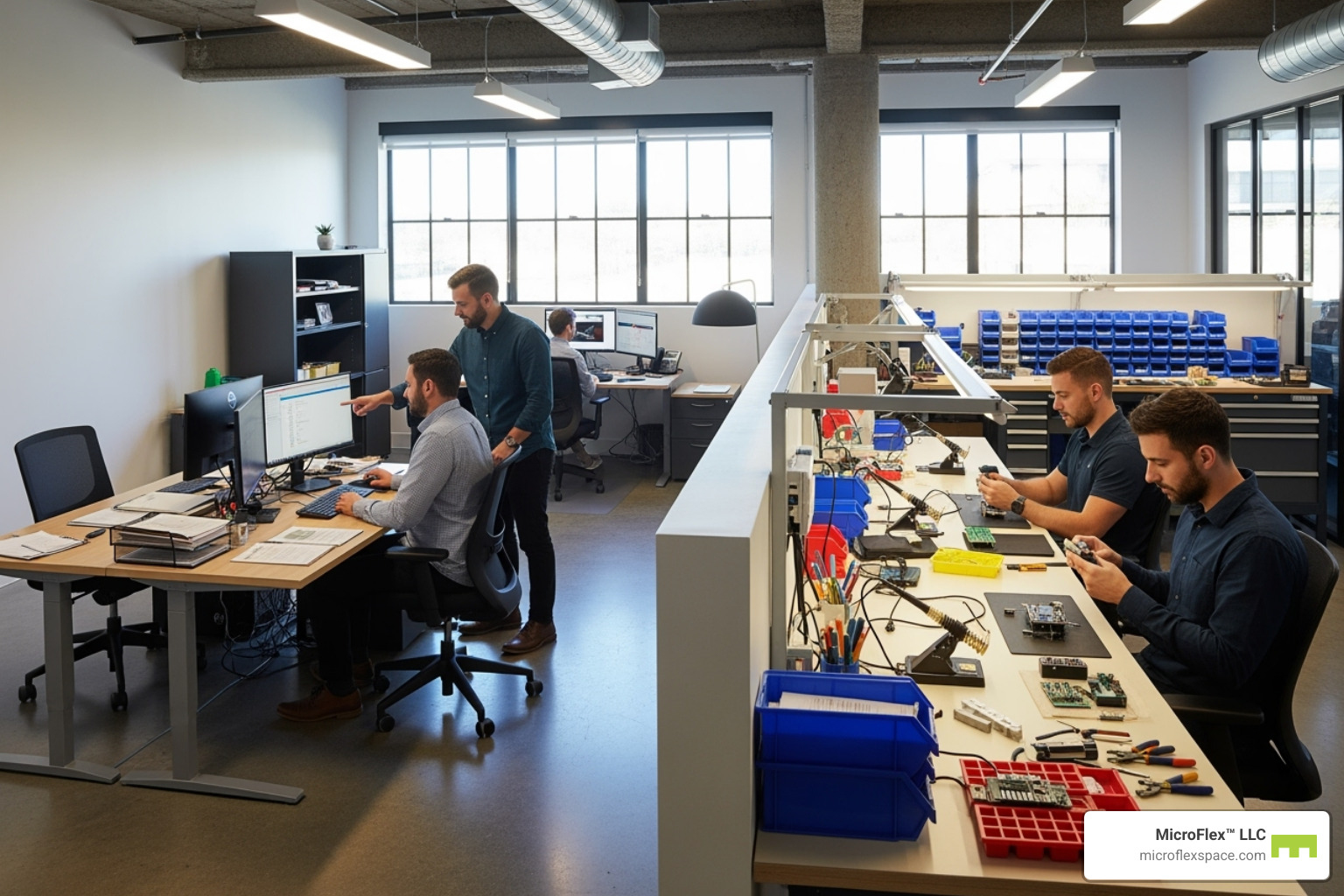 Image of a small business team collaborating in a combined office and light assembly flex space - Flexible industrial space Image of a small business team collaborating in a combined office and light assembly flex space - Flexible industrial space