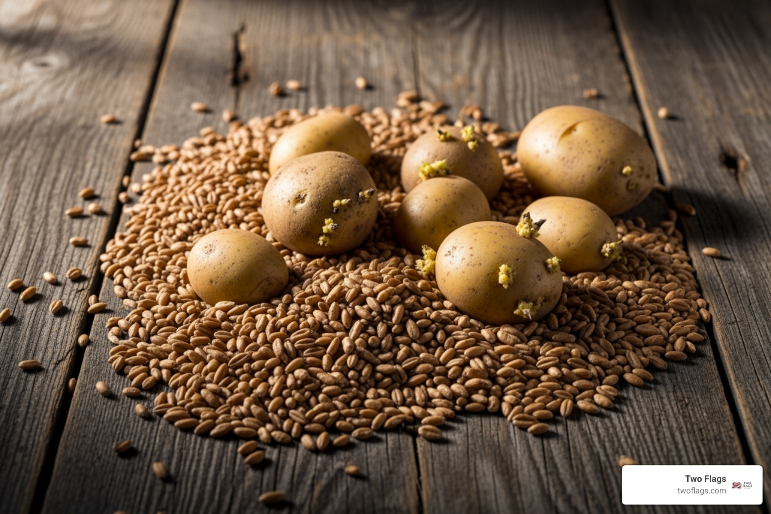 high-quality raw ingredients like organic rye grains and fresh potatoes on a rustic wooden surface - premium vodka brands