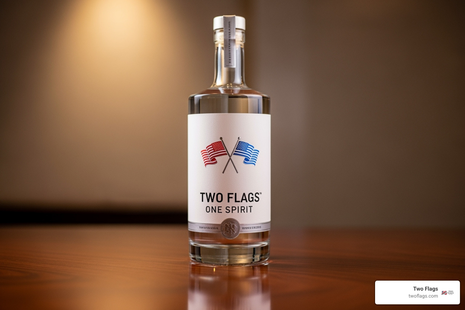 the Two Flags One Spirit vodka bottle neatly displayed - premium vodka brands