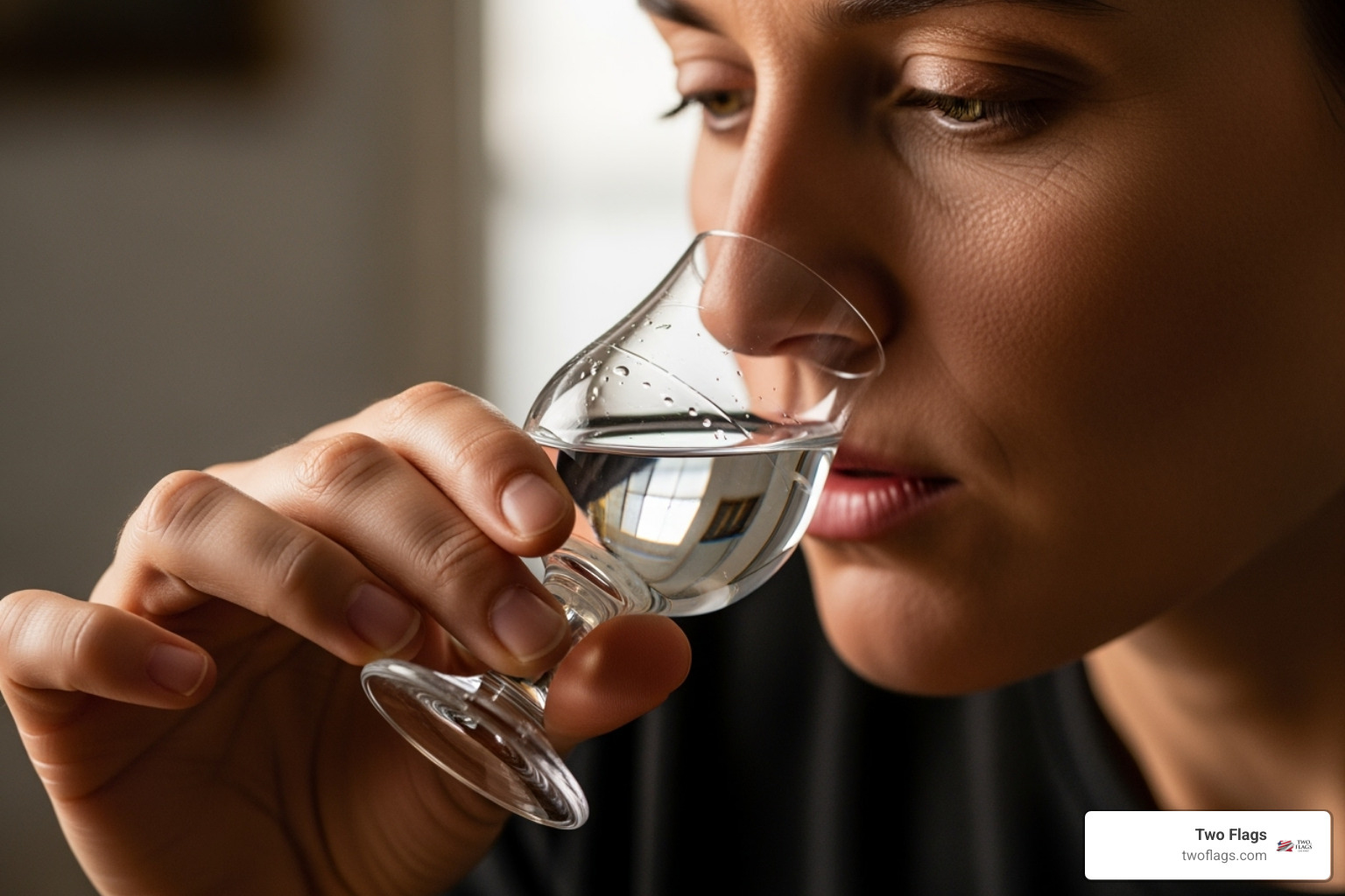 a person thoughtfully sipping a neat pour of vodka in a tasting glass - premium vodka brands