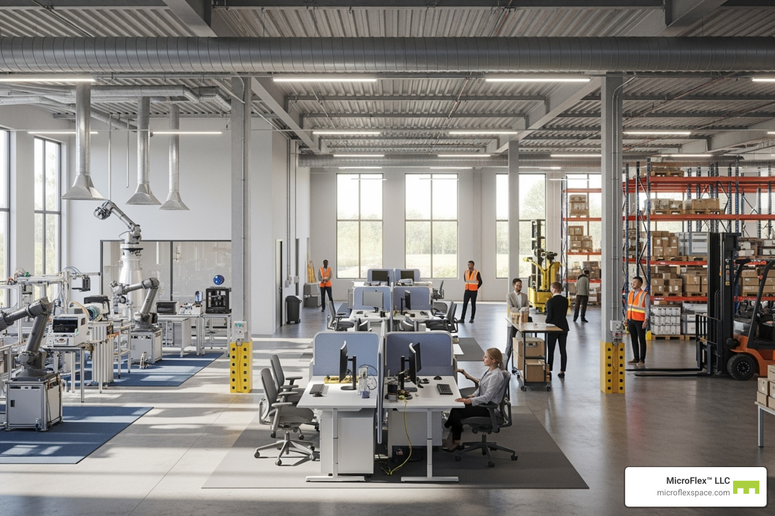 Image of a "For Lease" sign in front of a modern flex space complex - Flexible industrial space Image of a "For Lease" sign in front of a modern flex space complex - Flexible industrial space