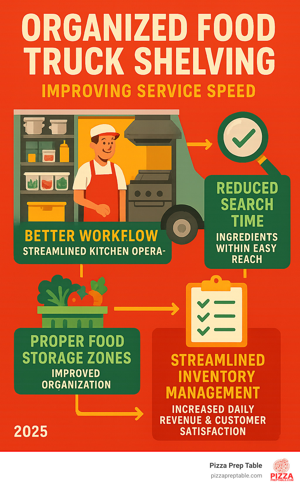 Infographic showing how organized food truck shelving improves service speed through better workflow, reduced search time, proper food storage zones, and streamlined inventory management, ultimately leading to increased daily revenue and customer satisfaction - food truck shelving infographic 