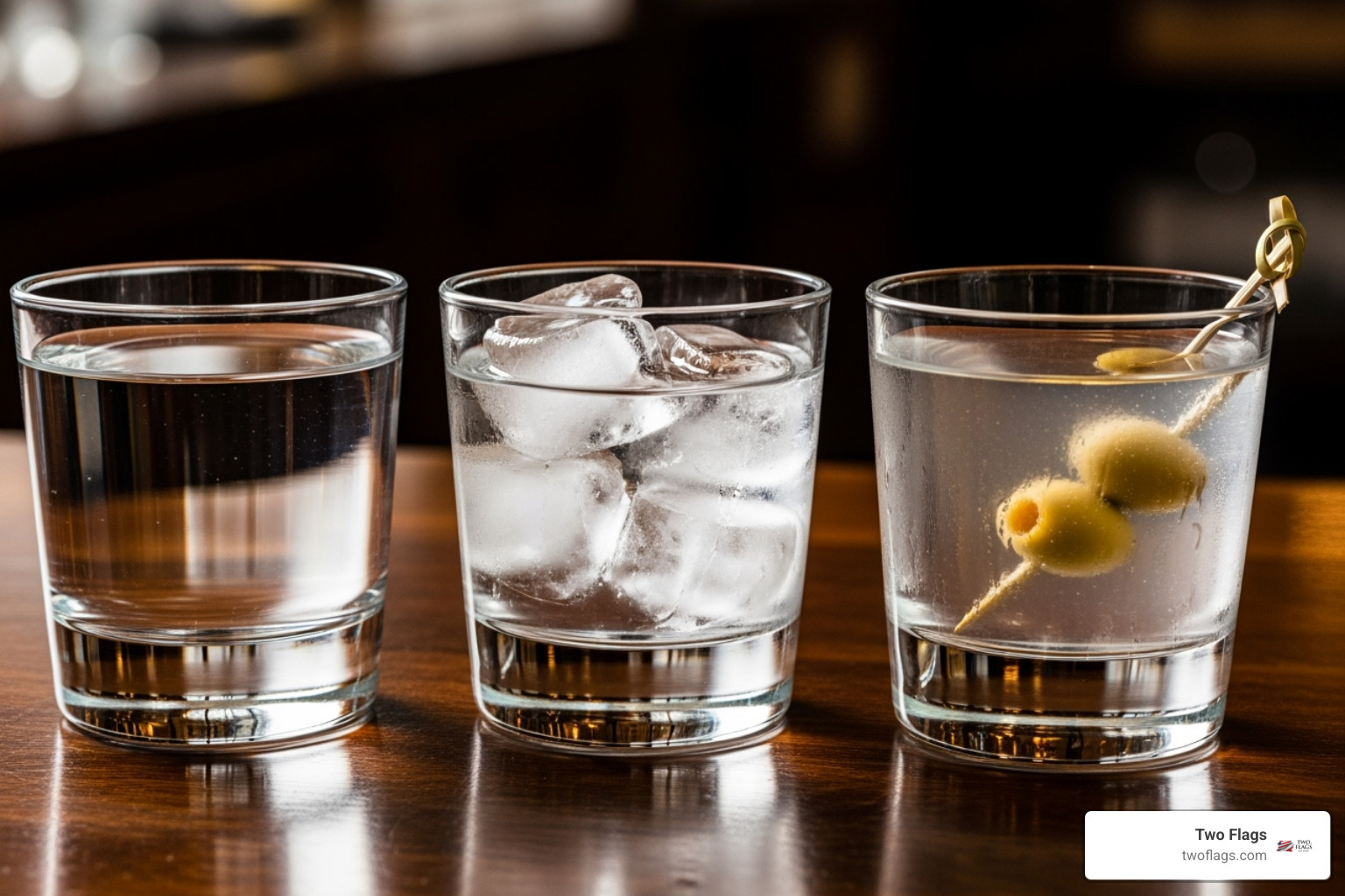 of three serving styles: neat, on the rocks, and in a classic martini - premium vodka