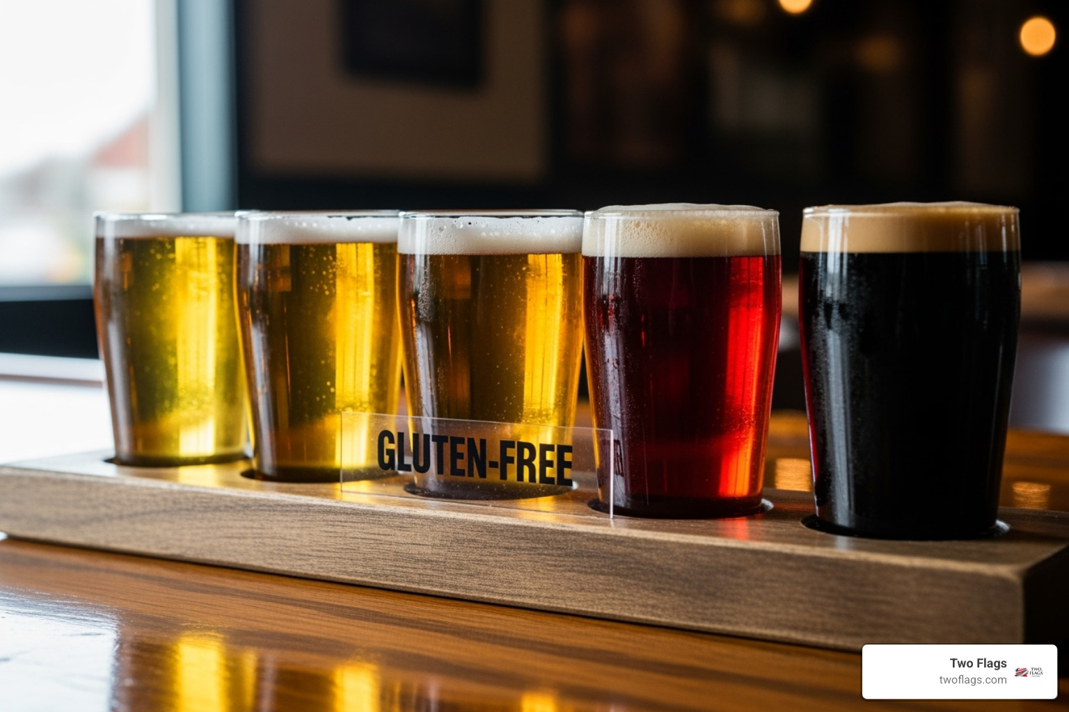 flight of beers showing different colors, including a clearly labeled gluten-free option - gluten free alcoholic beverages