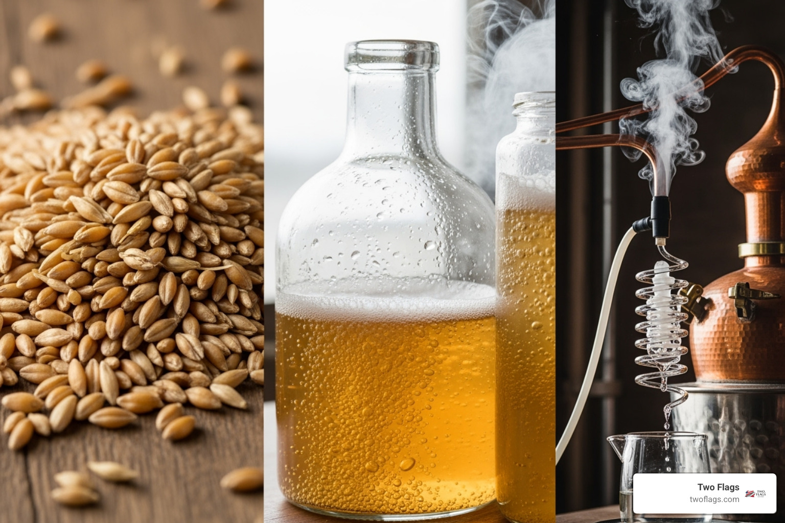 wheat/barley grains next to a diagram showing the fermentation vs. distillation process - gluten free alcoholic beverages