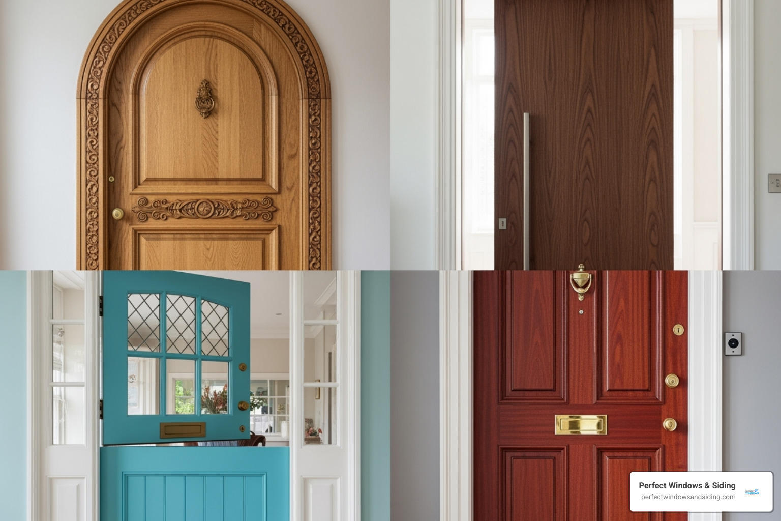 A collage of different custom wood door styles, including an arched door, a pivot door, a Dutch door, and a traditional panel door - custom wood entrance doors
