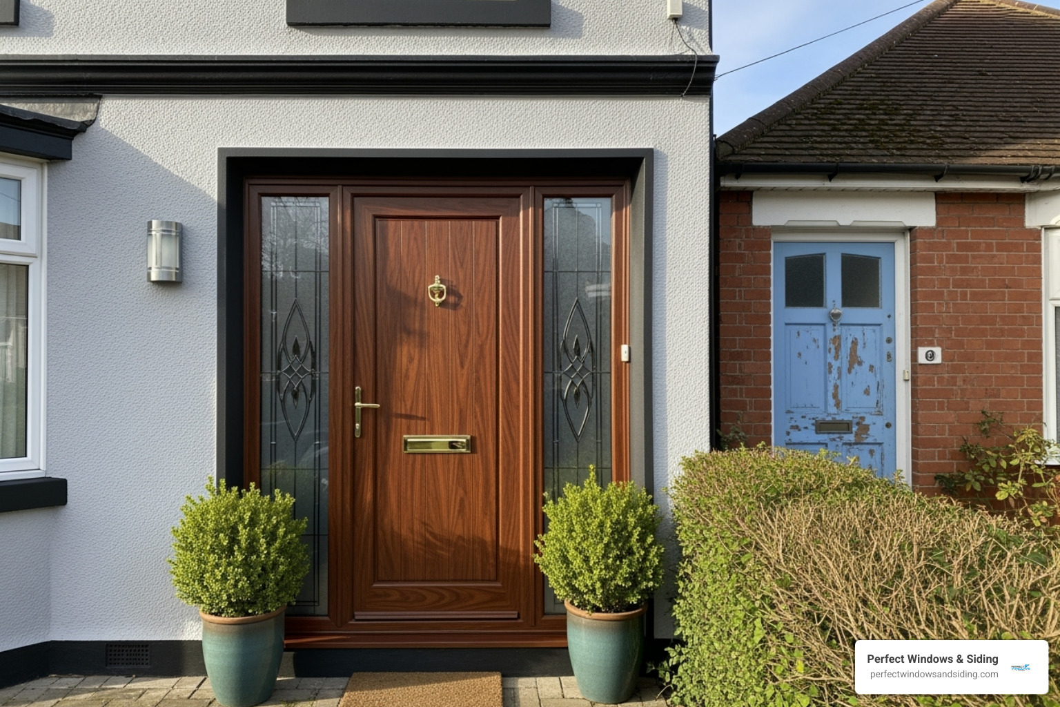 A beautiful home exterior with a new custom wood entrance door, contrasting with a faded, standard door on an adjacent home - custom wood entrance doors