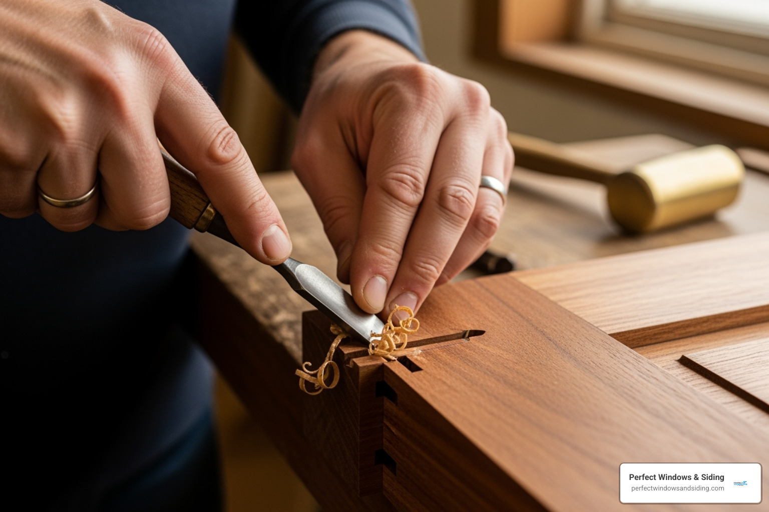 A skilled craftsman's hands carefully working on a custom wood door, highlighting the intricate joinery and attention to detail - custom wood entrance doors