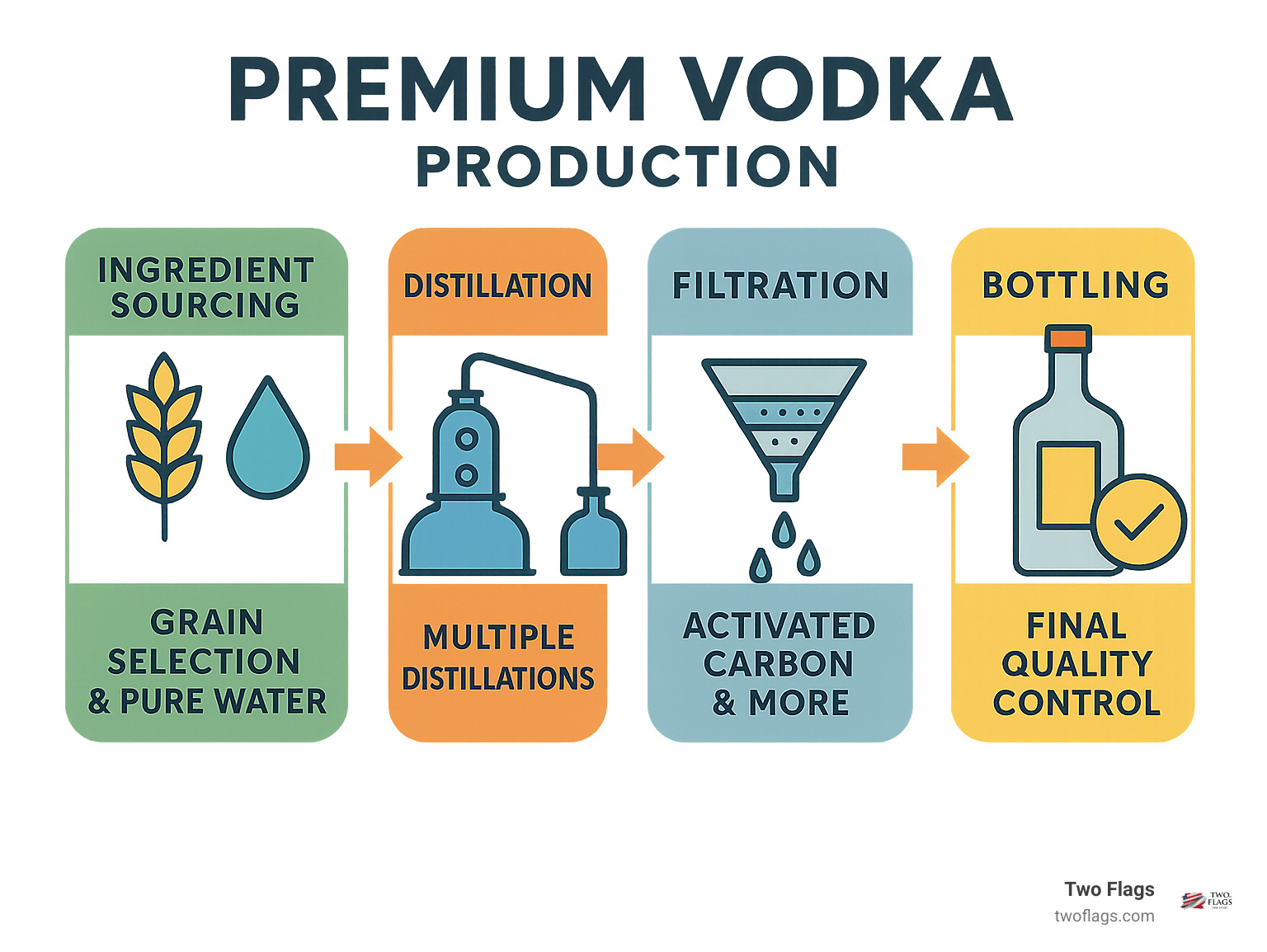 Comprehensive guide showing the journey from grain selection to final bottling for premium vodka production, highlighting key quality indicators including ingredient sourcing, distillation methods, filtration processes, and quality control measures that distinguish premium vodka from standard varieties - premium vodka infographic 
