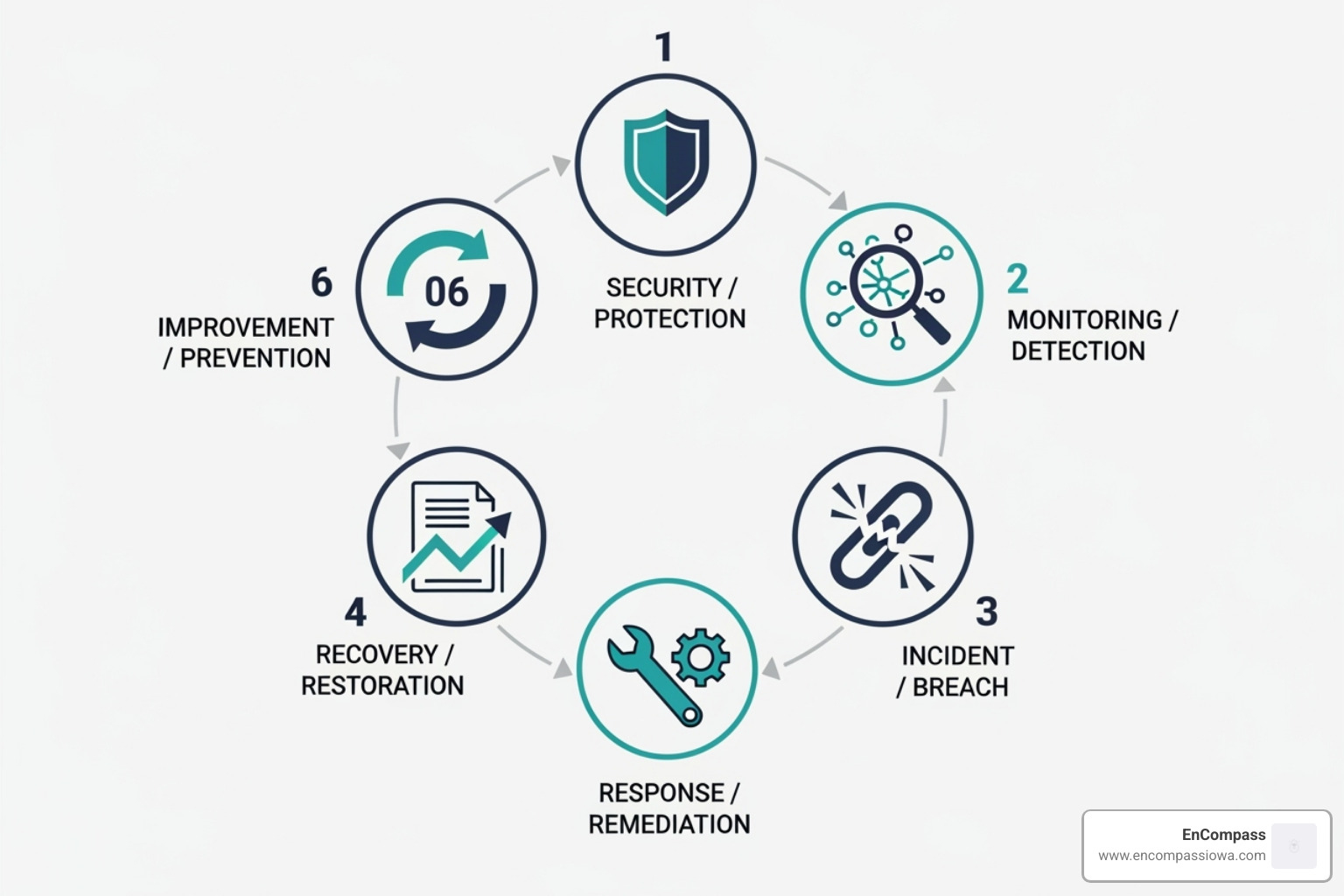circular diagram illustrating the six steps of a network security assessment - network security assessment
