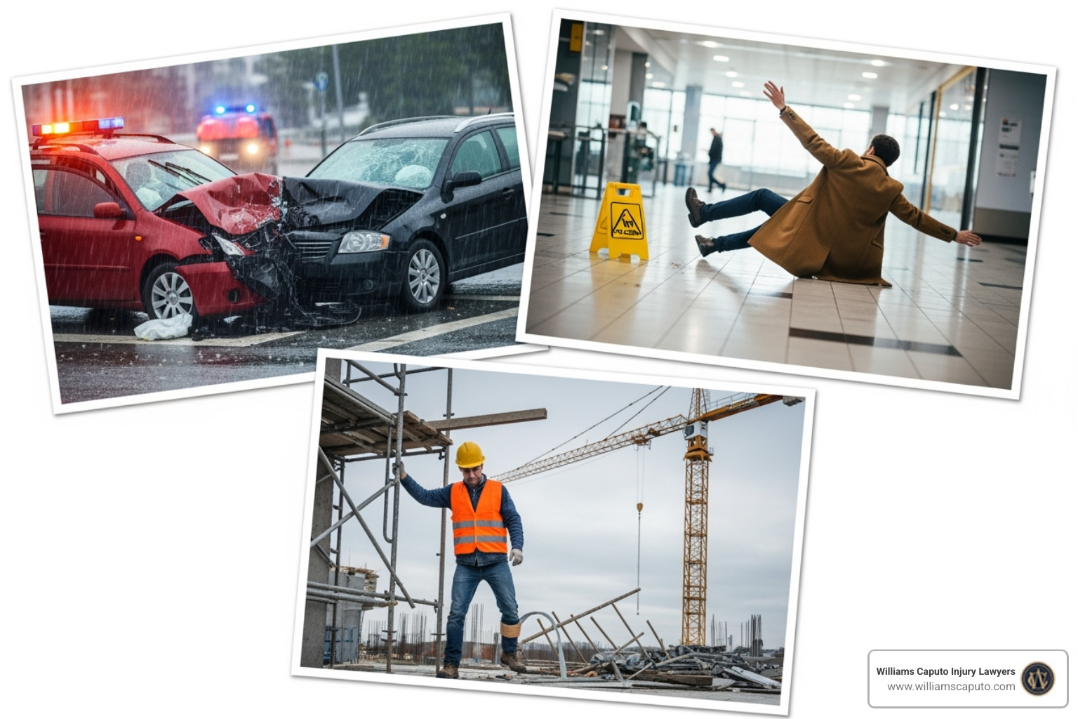 A collage of different accident scenes, including a car crash, a person slipping in a public space, and a construction site accident. - free legal case evaluation