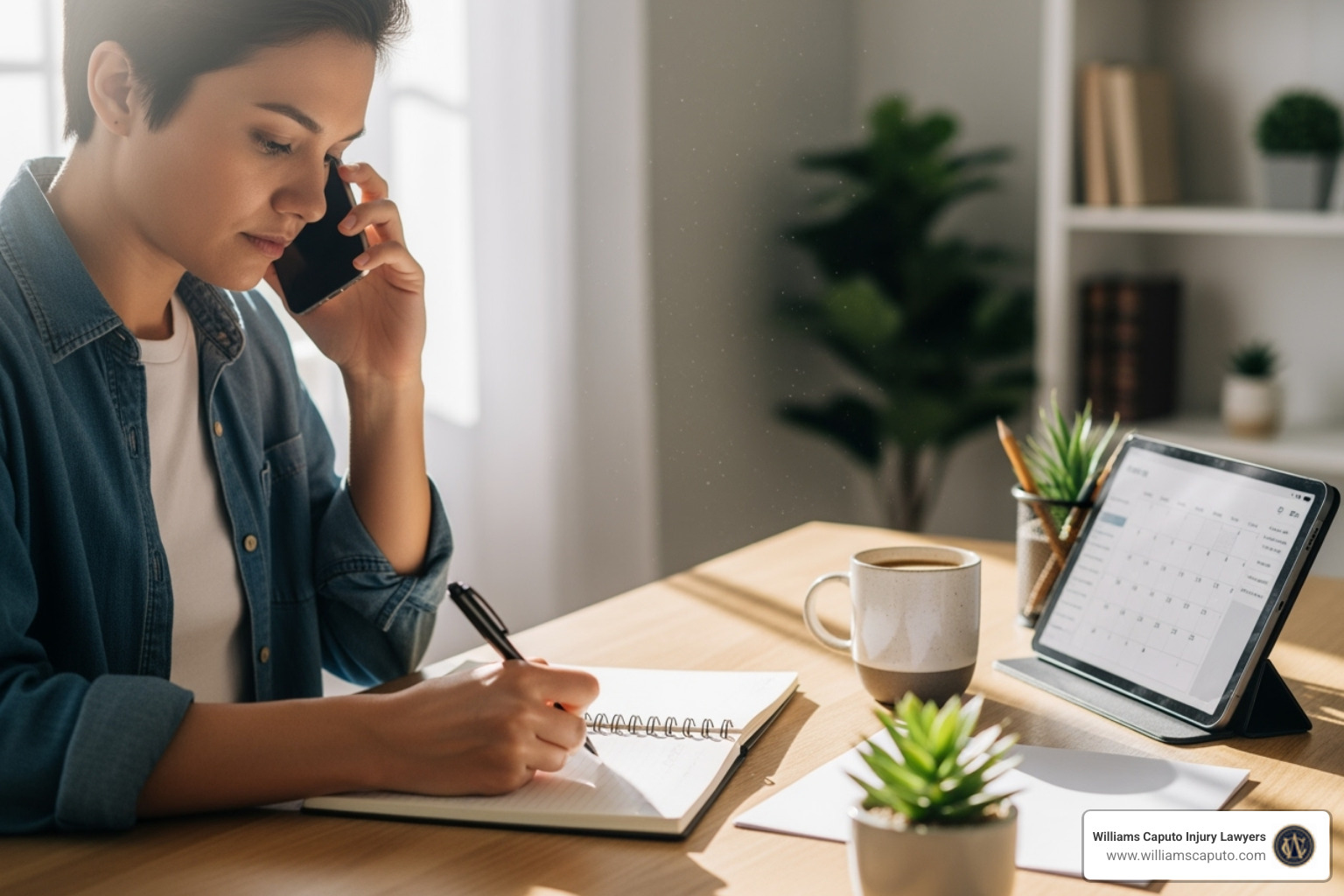 A person on the phone, taking notes, looking focused and organized. - free legal case evaluation