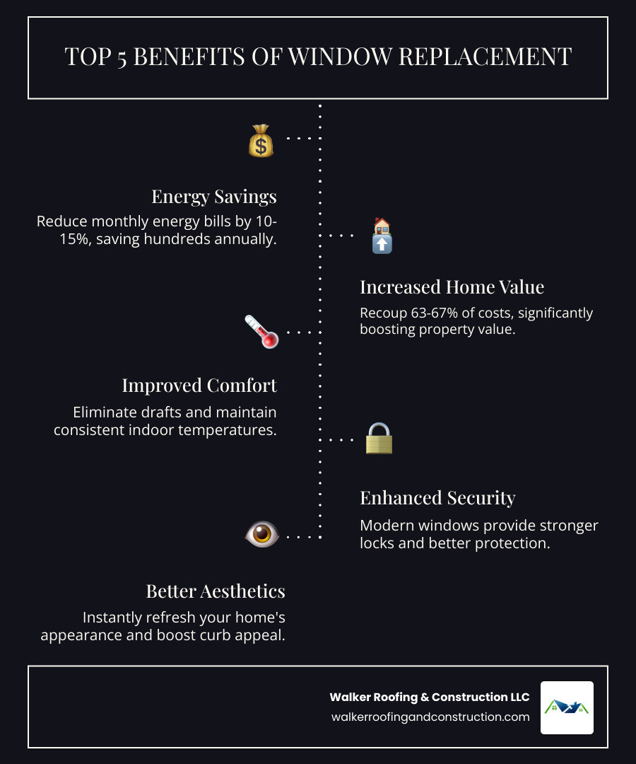 Infographic showing the top 5 benefits of window replacement: energy savings with dollar sign icon, increased home value with house and upward arrow, improved comfort with thermometer, improved security with lock icon, and better aesthetics with eye icon - window replacement for homes infographic infographic-line-5-steps-dark