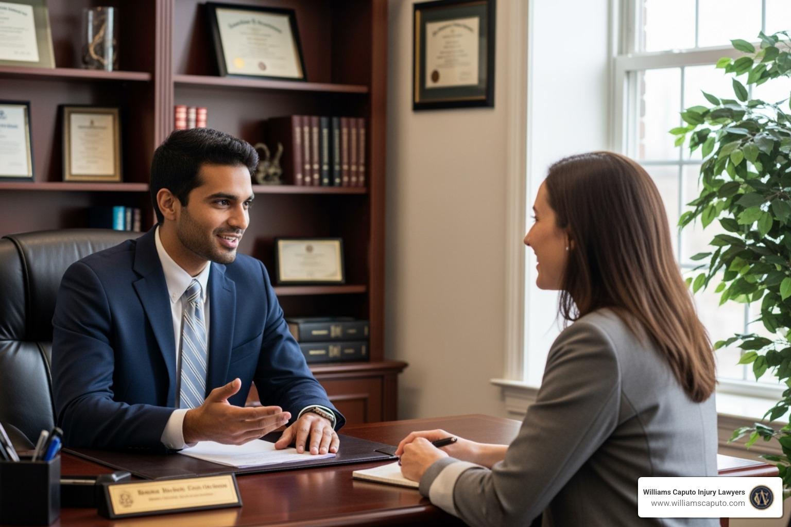 A friendly lawyer speaking with a client across a desk, both smiling and engaged in conversation. - free legal case evaluation