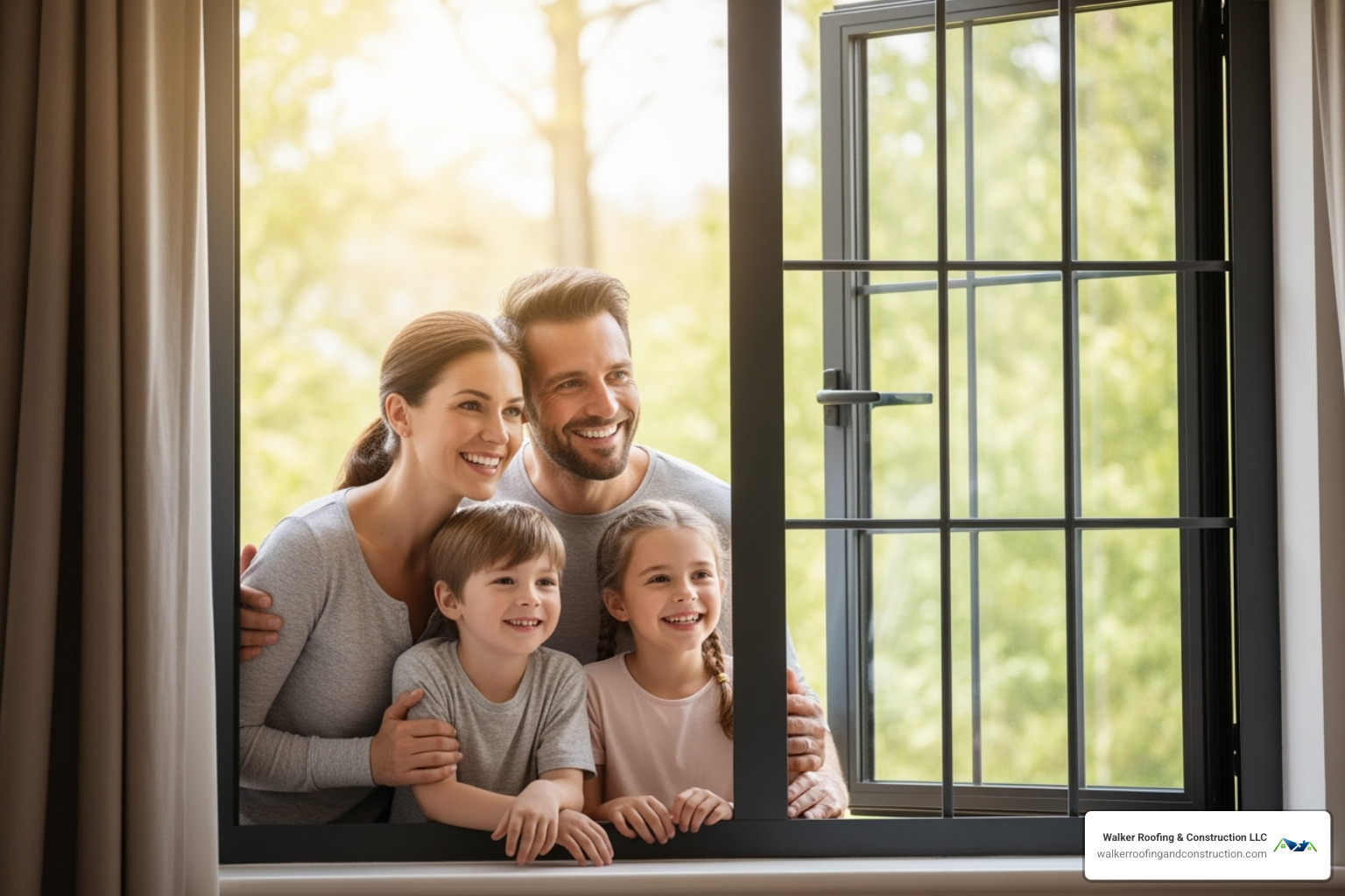 happy family looking out their new, beautiful window - window replacement for homes