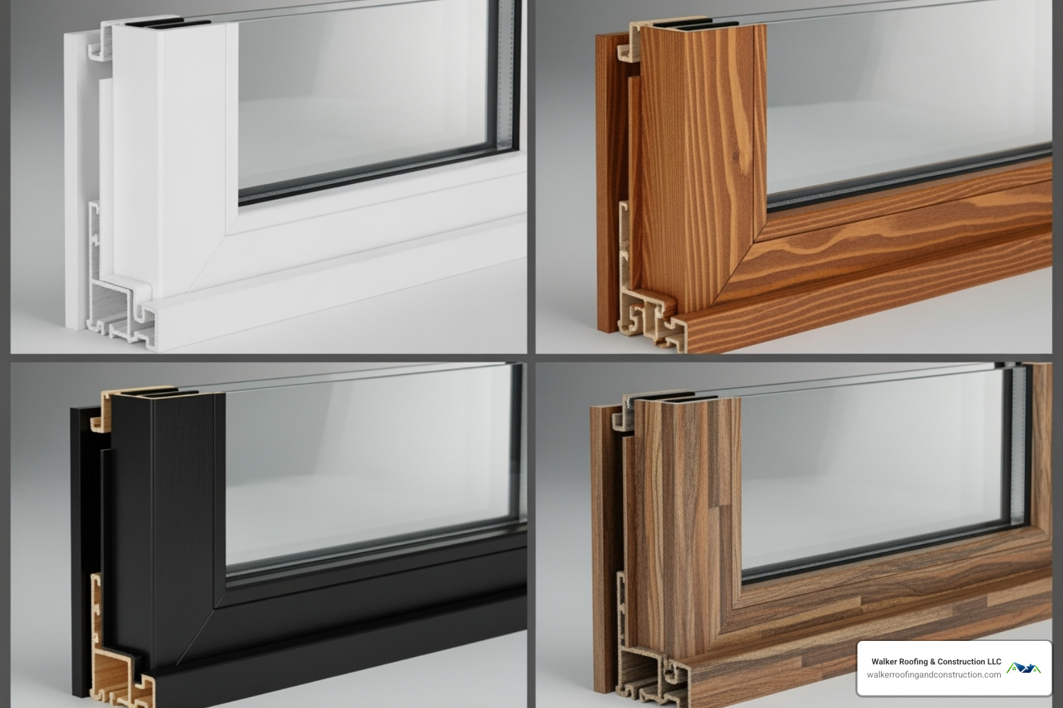 collage showing the four main window frame materials: vinyl, wood, fiberglass, and composite - window replacement for homes