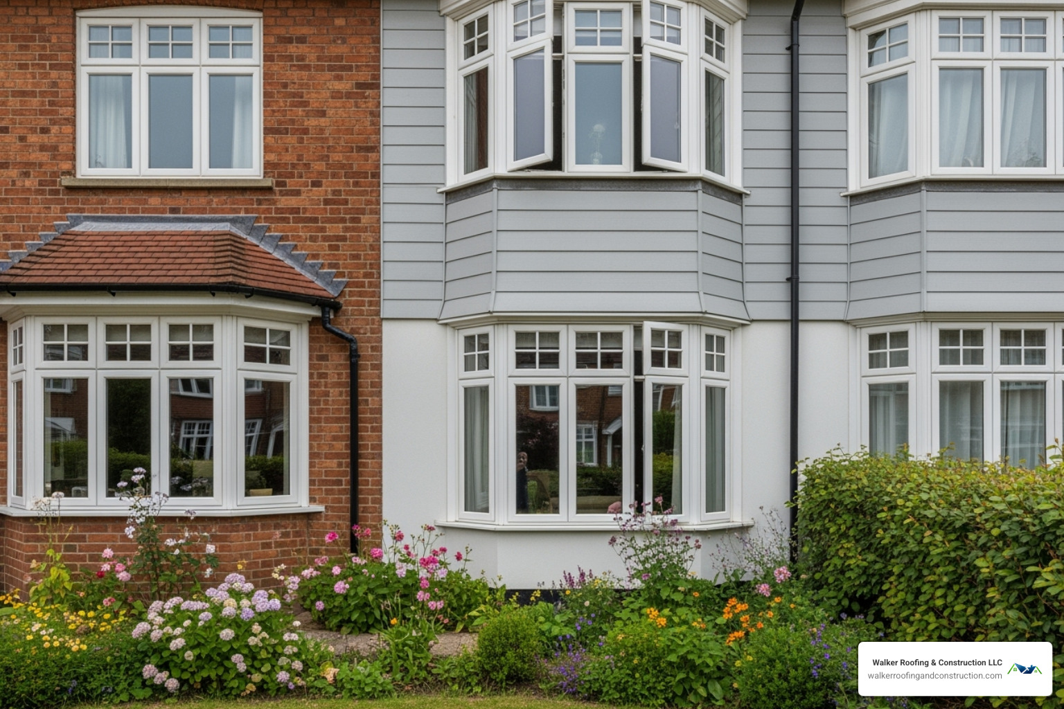different window styles like double-hung, casement, and a bay window on a house exterior - window replacement for homes