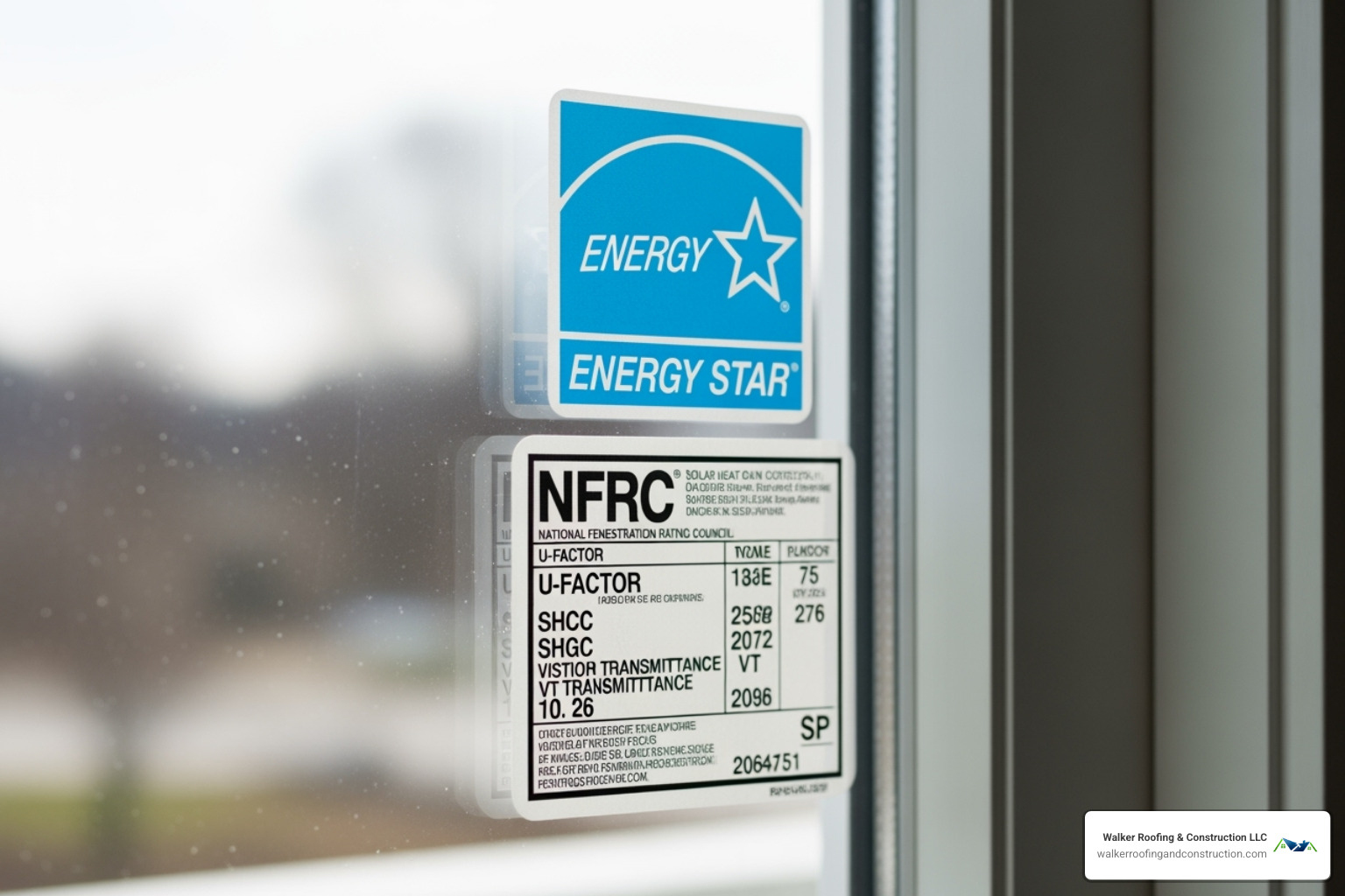 ENERGY STAR label and an NFRC label on a window pane - window replacement for homes