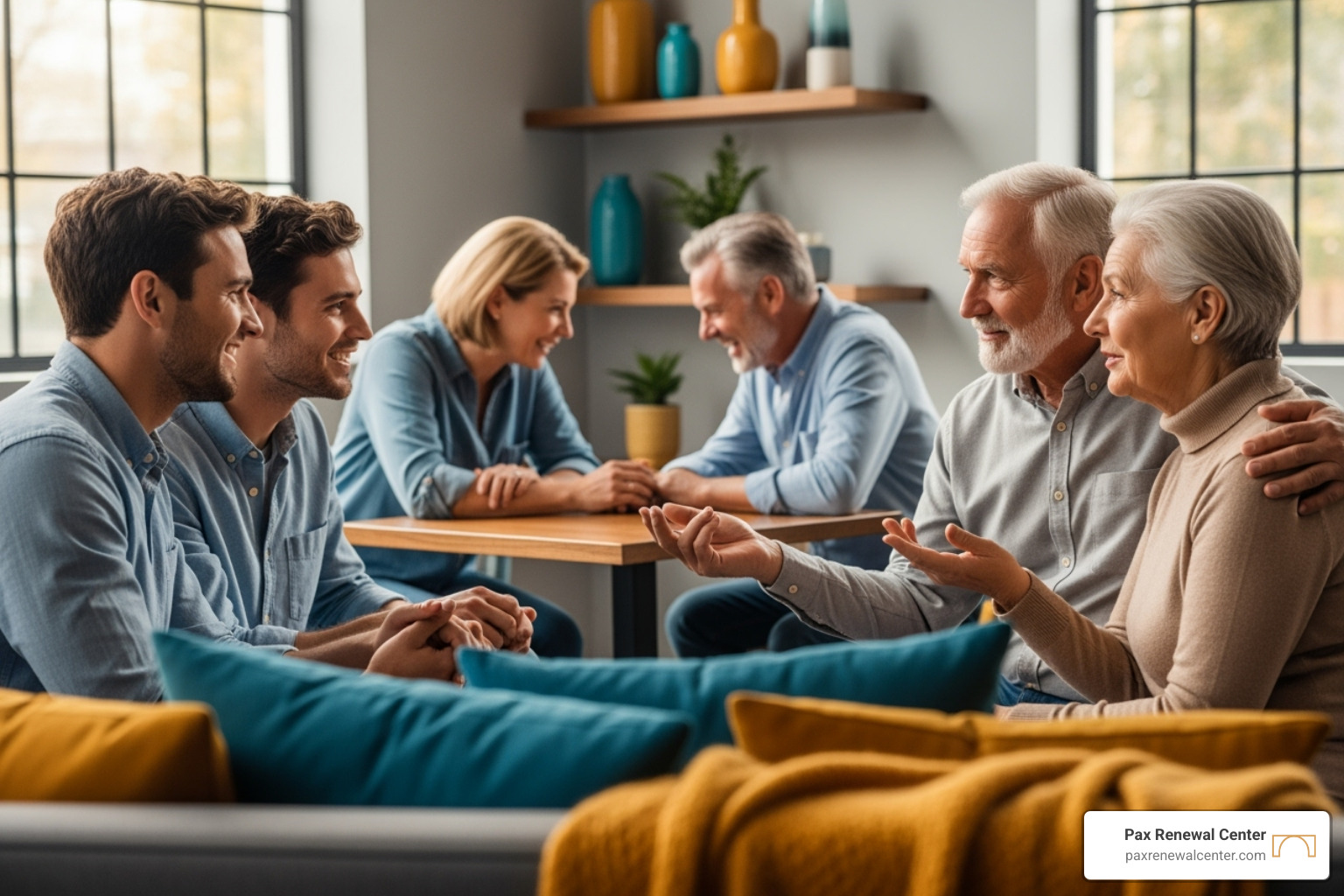 A diverse group of couples in various life stages, from newlyweds to older couples, engaging in conversation and supportive gestures - post marital counseling