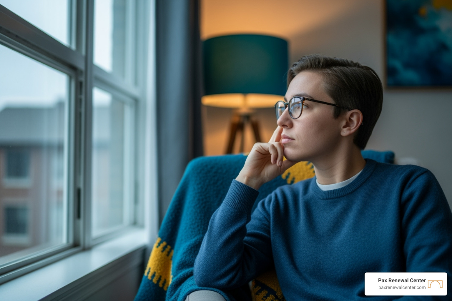 A person in thoughtful reflection looking out a window, symbolizing introspection and decision-making - post marital counseling