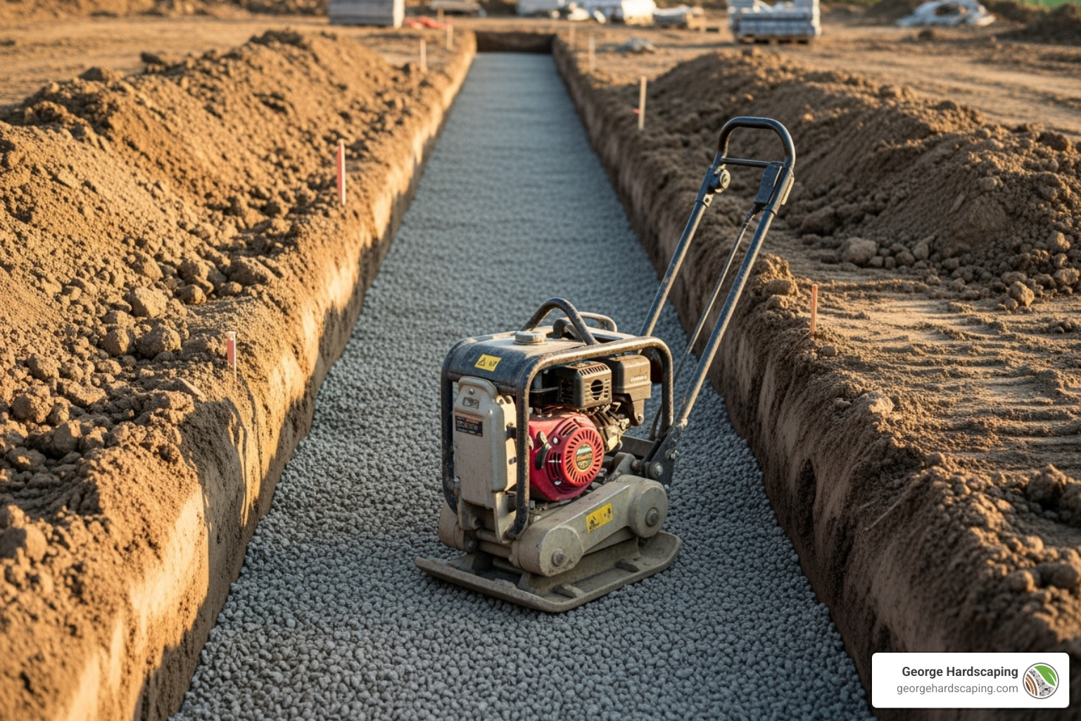 source:Bannerbear;creator:George Hardscaping;license:Copyright-free;created:2023-07-08 Excavation and base preparation for a retaining wall, showing a level trench filled with compacted gravel, a plate compactor in the foreground, and string lines marking grade – how to install retaining wall