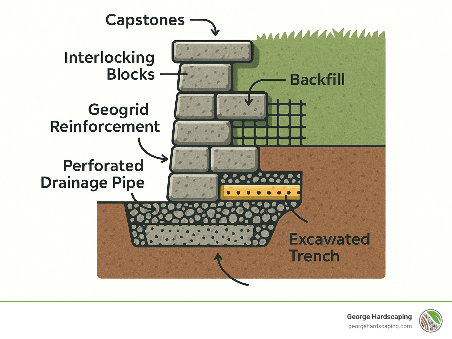 source:Bannerbear;creator:George Hardscaping;license:Copyright-free;created:2023-07-08 Detailed cross-section diagram of a properly installed retaining wall, showing trench depth, compacted gravel base, drainage pipe, geogrid layers, backfill zones, and finished capstones – infographic for how to install retaining wall