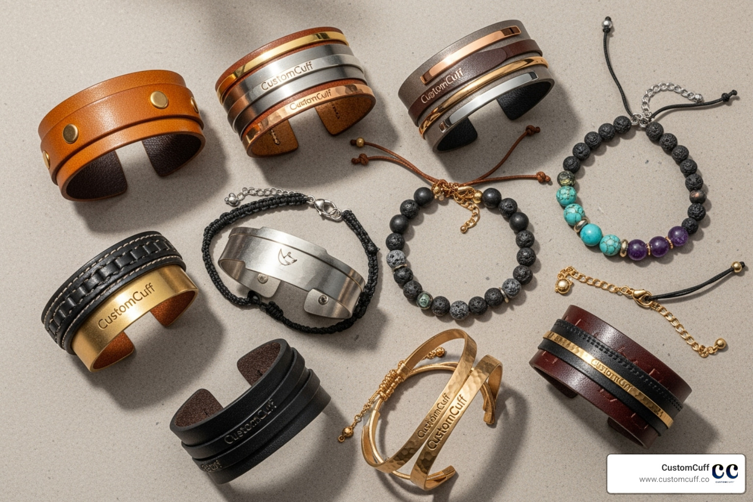 Flat lay featuring different CustomCuff bracelet styles like leather, metal cuffs, and beaded bracelets. - custom engraved bracelets for couples Flat lay featuring different CustomCuff bracelet styles like leather, metal cuffs, and beaded bracelets. - custom engraved bracelets for couples