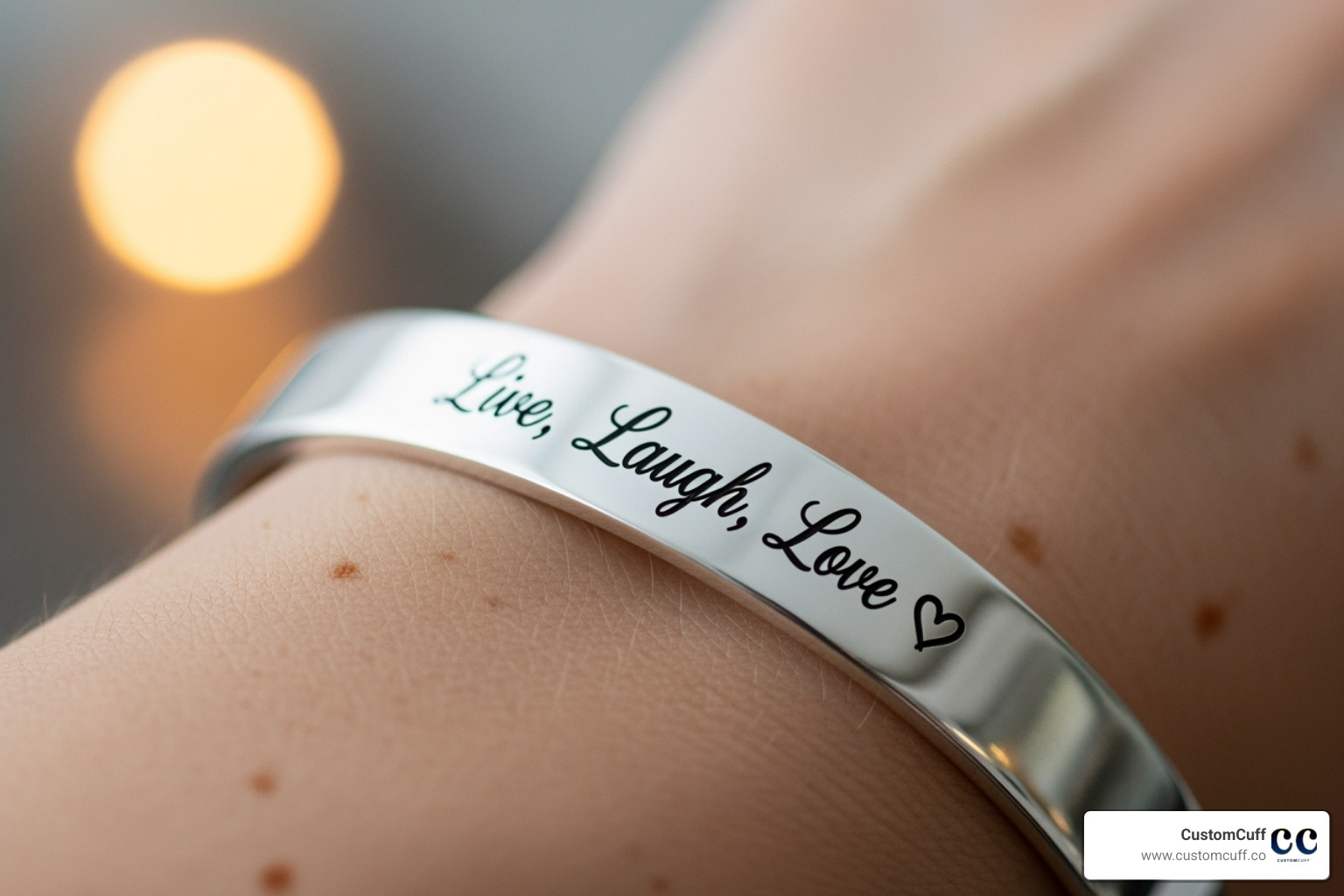 Close-up shot of a CustomCuff bracelet with unique handwriting engraving - custom engraved bracelets for couples Close-up shot of a CustomCuff bracelet with unique handwriting engraving - custom engraved bracelets for couples
