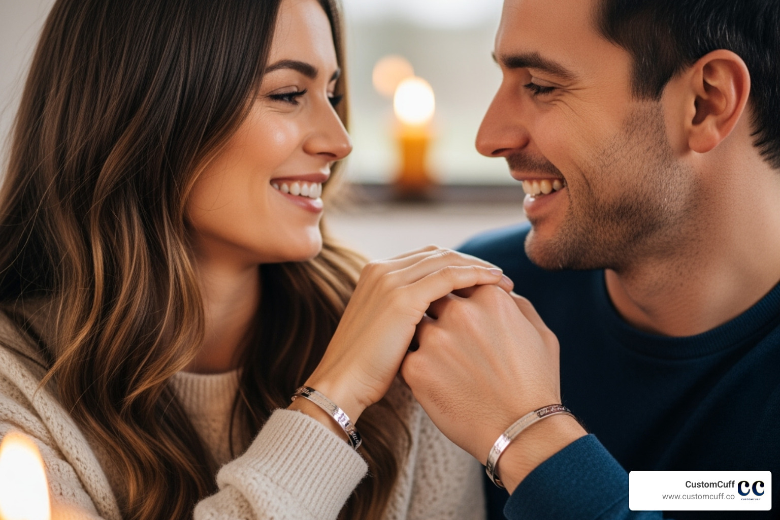 A couple smiling at each other, their CustomCuff bracelets subtly visible - custom engraved bracelets for couples A couple smiling at each other, their CustomCuff bracelets subtly visible - custom engraved bracelets for couples
