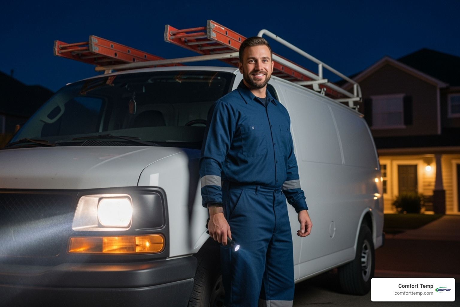 friendly technician with a van arriving at a home at night - emergency heating repair Gainesville friendly technician with a van arriving at a home at night - emergency heating repair Gainesville