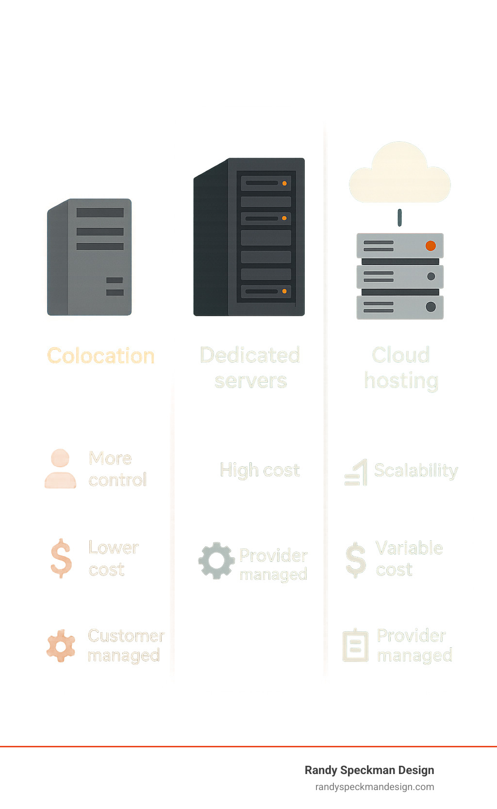 Comprehensive comparison of data center hosting services showing colocation with customer-owned servers in provider facilities, dedicated servers as provider-owned hardware rented exclusively, and cloud hosting as virtualized resources with on-demand scaling, highlighting key differences in control, cost, and management responsibilities - data center hosting services infographic Comprehensive comparison of data center hosting services showing colocation with customer-owned servers in provider facilities, dedicated servers as provider-owned hardware rented exclusively, and cloud hosting as virtualized resources with on-demand scaling, highlighting key differences in control, cost, and management responsibilities - data center hosting services infographic