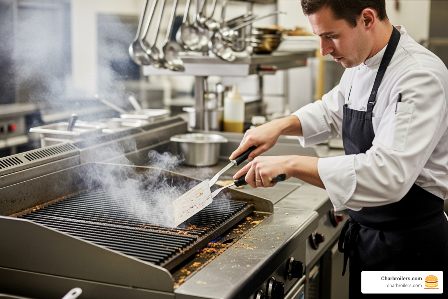 of a chef cleaning a griddle with a scraper - 36 inch commercial gas griddle