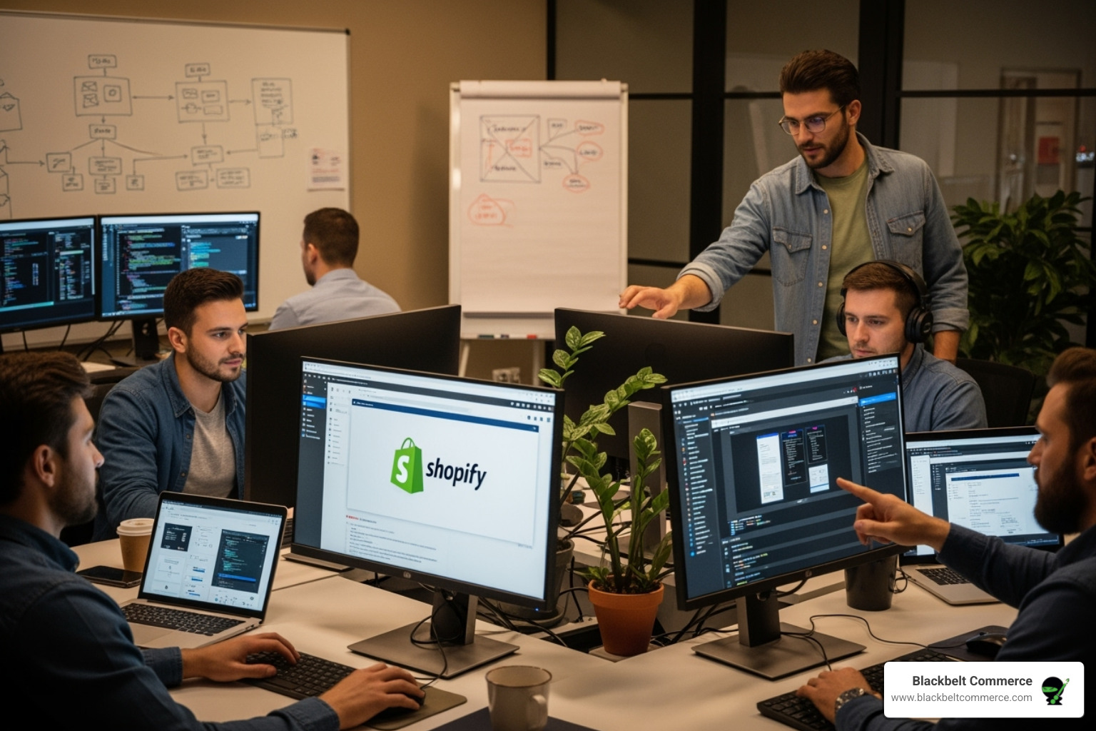 A person reviewing a design portfolio on a laptop, showing various e-commerce store designs. - Shopify development firm