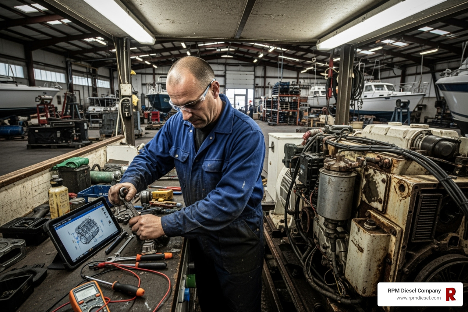 technician performing marine generator maintenance - Diesel generator engine parts