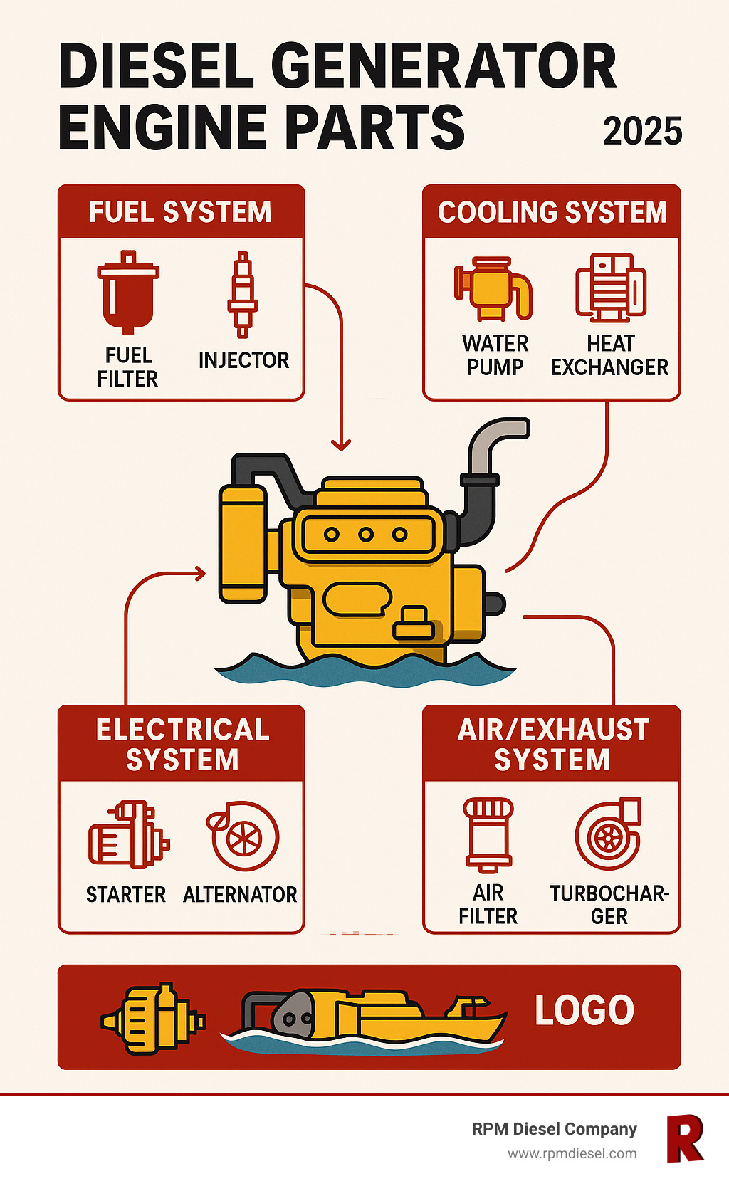 Infographic showing the four main systems of a marine diesel generator: Fuel System with filters and injectors, Cooling System with water pumps and heat exchangers, Electrical System with starters and alternators, and Air/Exhaust System with filters and turbochargers, all connected to show how they work together to power marine vessels - Diesel generator engine parts infographic 