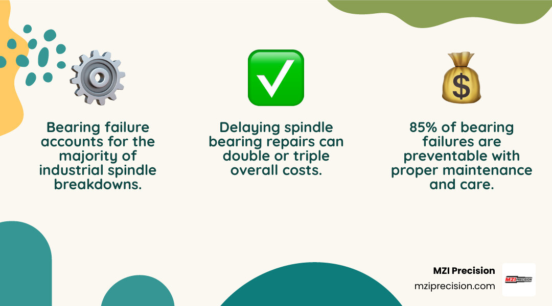 Comprehensive breakdown of spindle bearing failure causes, symptoms, and prevention stages with vibration frequency charts and maintenance timeline - spindle bearing failure infographic 3_facts_emoji_nature