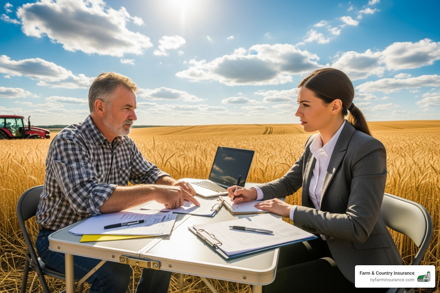 A farmer reviewing paperwork with an insurance agent in a field under a sunny sky - small farm and smallholding insurance