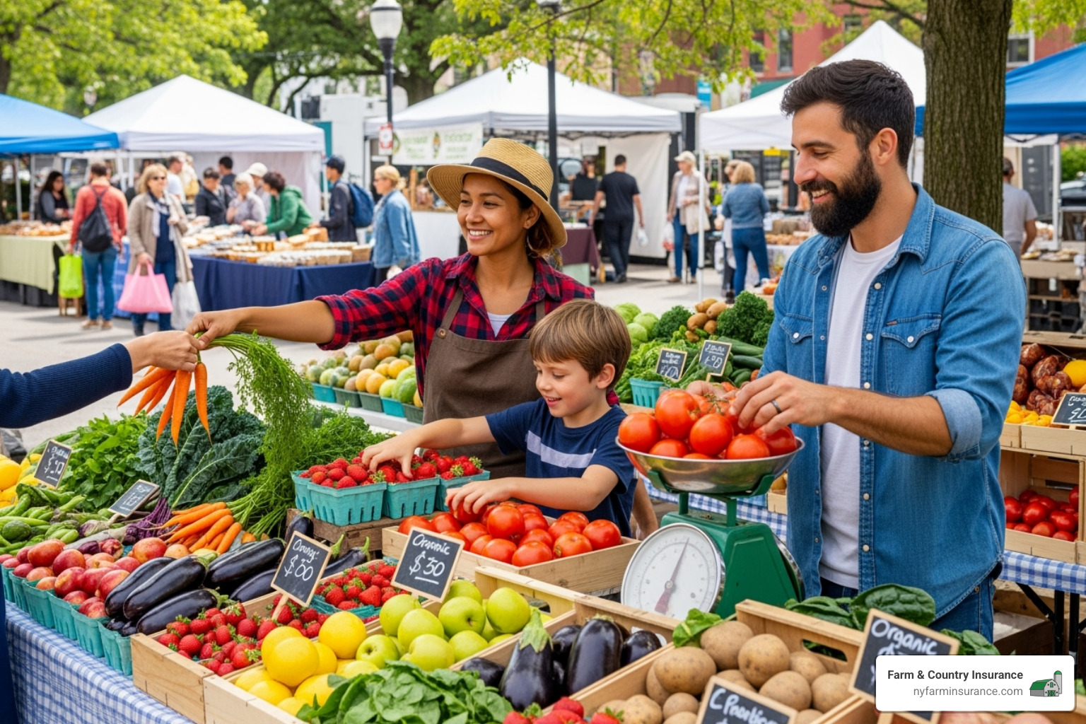 A family selling fresh produce at a local New York farmers' market - small farm and smallholding insurance