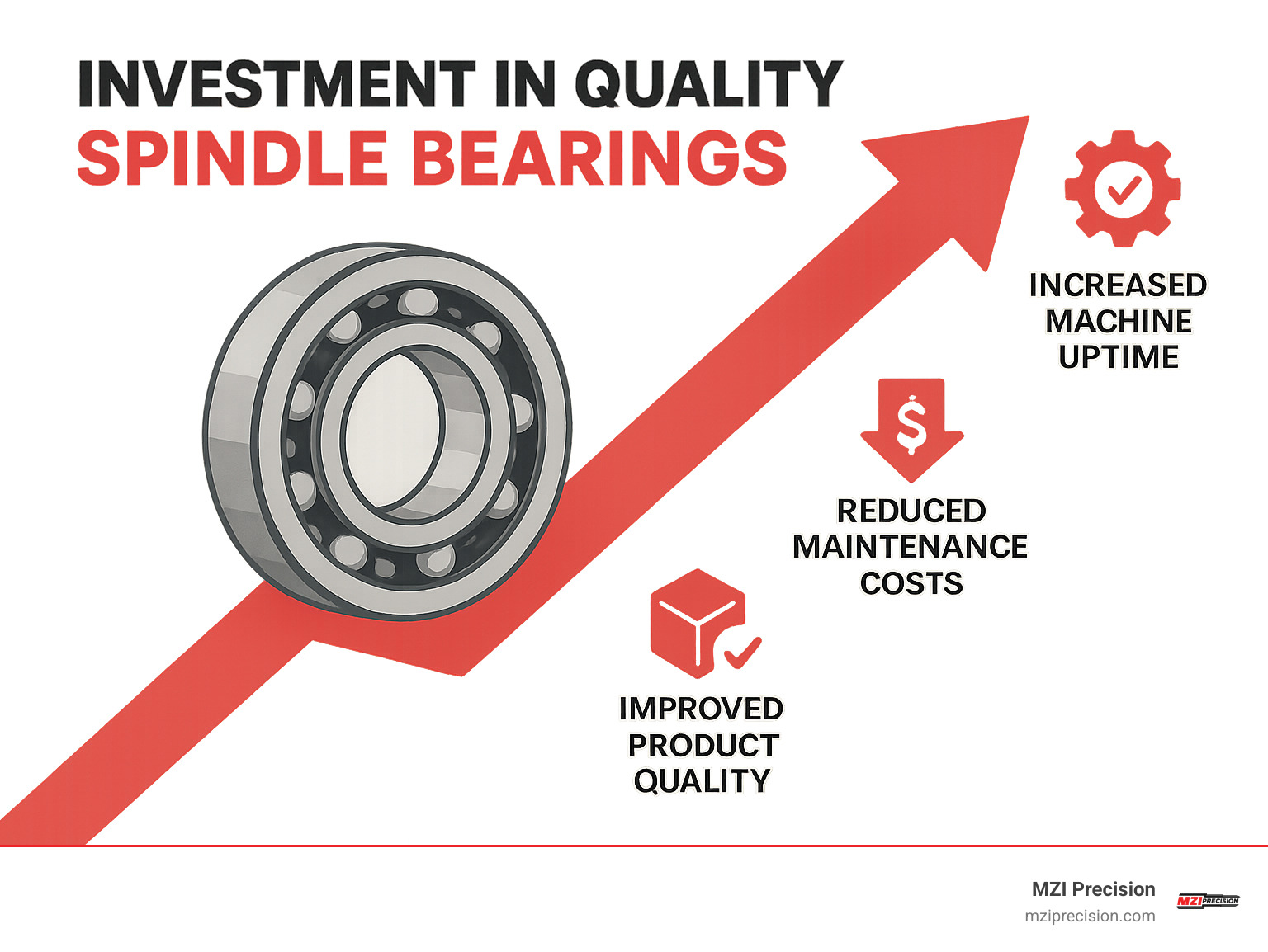 Infographic showing the positive correlation between investment in quality spindle bearings and increased machine uptime, reduced maintenance costs, and improved product quality - cnc spindle bearing price infographic 