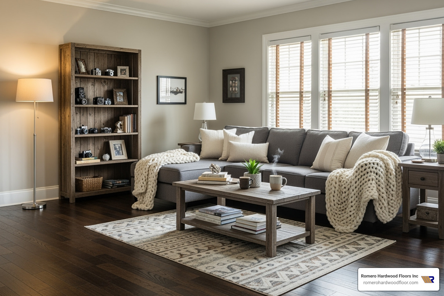 finished room with a dark-stained rustic floor - contractor grade wood floor