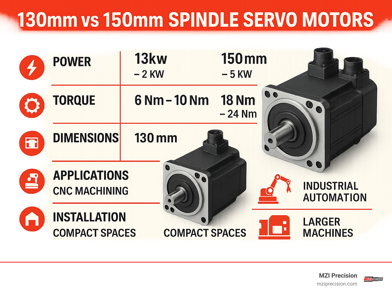 Comparison infographic showing 130mm vs 150mm spindle servo motor specifications including power ratings, torque output, physical dimensions, typical applications, and installation requirements - 130mm spindle servo motor infographic Comparison infographic showing 130mm vs 150mm spindle servo motor specifications including power ratings, torque output, physical dimensions, typical applications, and installation requirements - 130mm spindle servo motor infographic