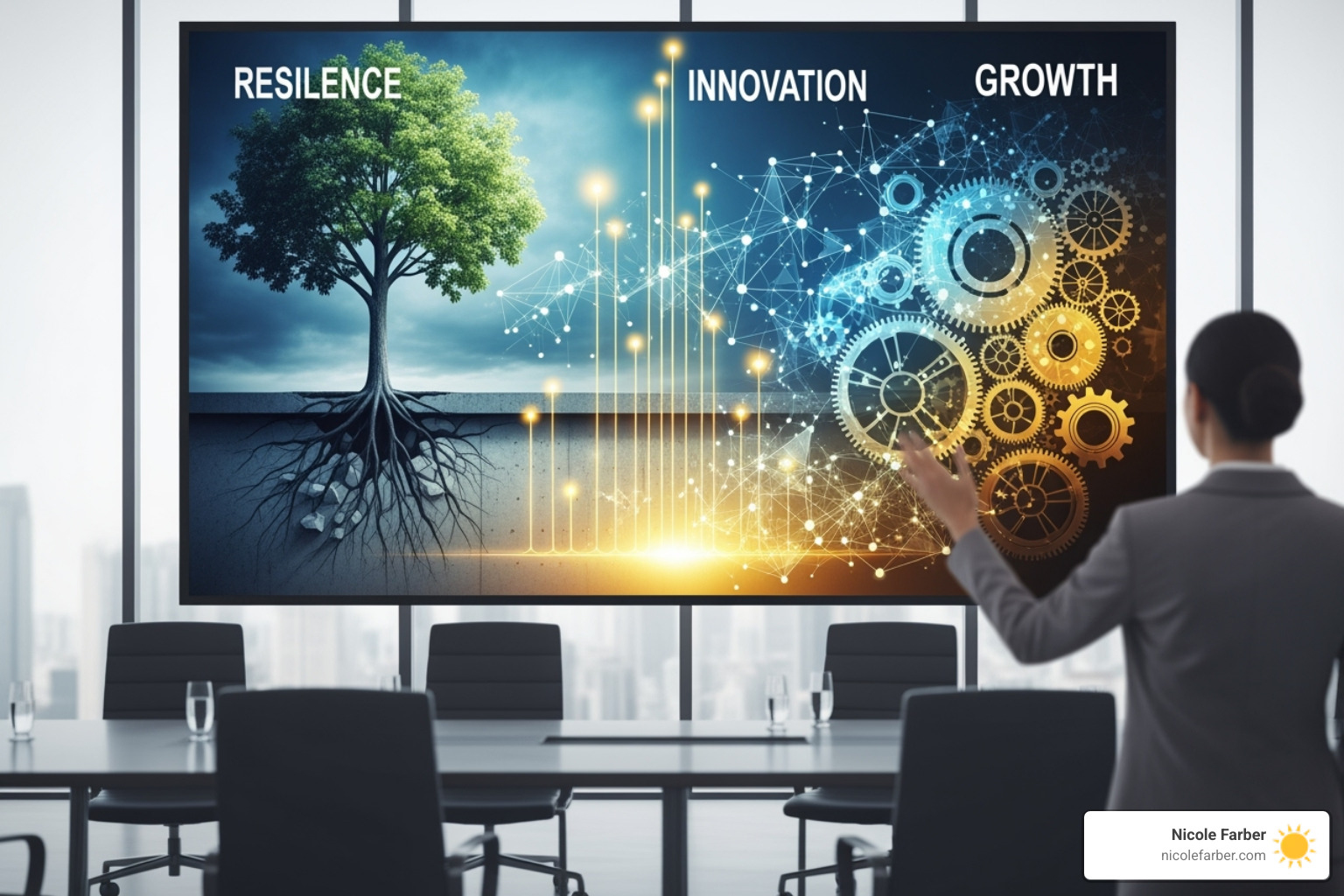 speaker's slide presentation showing words like "Resilience," "Innovation," and "Growth" - Women in leadership speaker