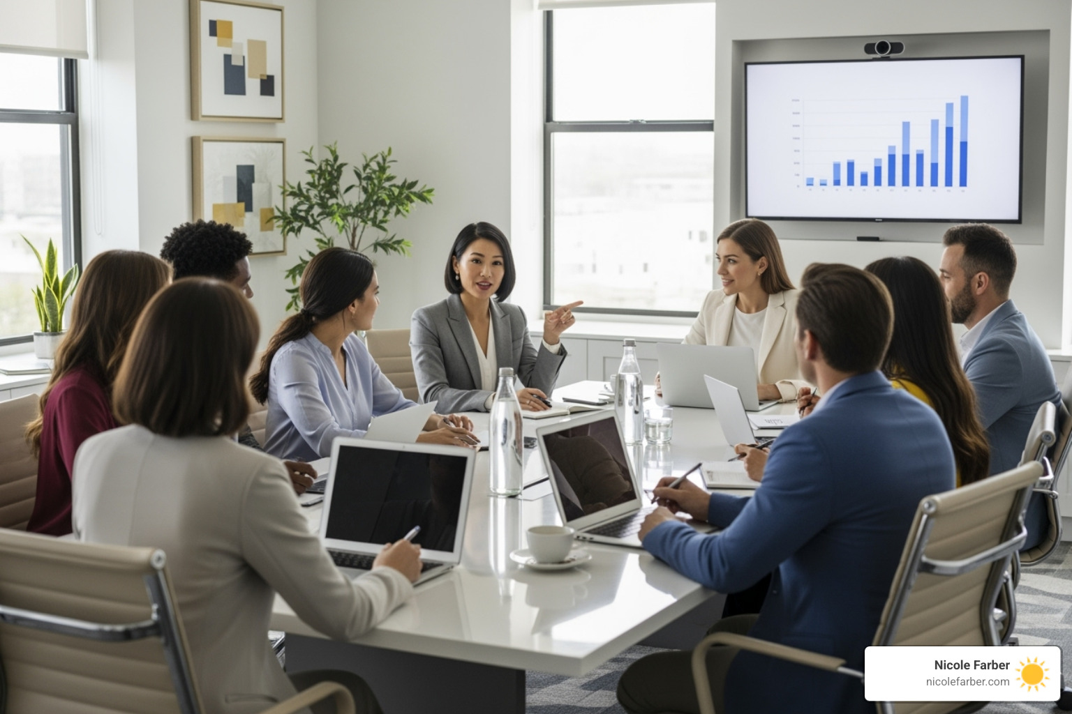 collaborative team meeting with a woman at the head of the table - Women in leadership speaker
