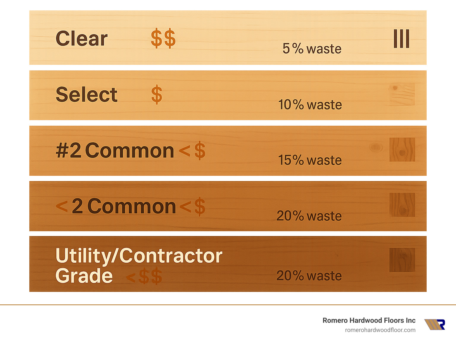 Infographic showing the hierarchy of wood flooring grades from Clear (most expensive, minimal character) down through Select, #1 Common, #2 Common, to Utility/Contractor Grade (least expensive, maximum character), with cost percentages, waste factors, and typical characteristics for each grade - contractor grade wood floor infographic 