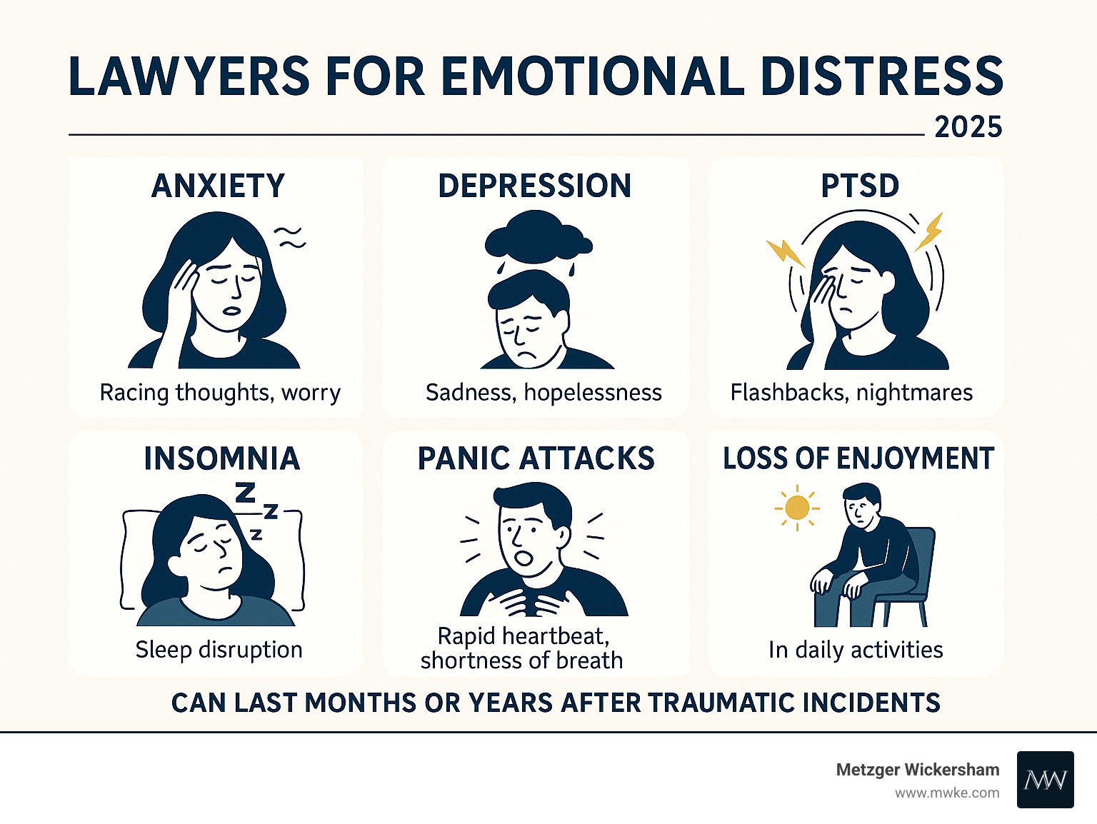Infographic showing common emotional distress symptoms including anxiety (racing thoughts, worry), depression (sadness, hopelessness), PTSD (flashbacks, nightmares), insomnia (sleep disruption), panic attacks (rapid heartbeat, shortness of breath), and loss of enjoyment in daily activities, with statistics showing these conditions can last months or years after traumatic incidents - lawyers for emotional distress infographic 
