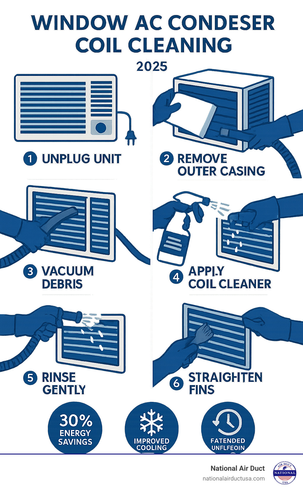 Infographic showing the step-by-step process of window AC condenser coil cleaning, including safety preparation with unplugging the unit, removing the outer casing, vacuuming debris, applying coil cleaner, gentle rinsing, and straightening fins, with benefits highlighted such as 30% energy savings, improved cooling performance, and extended unit lifespan - window ac condenser coil cleaning infographic 