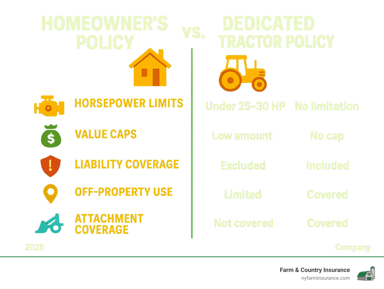 Infographic comparing Homeowner's Policy vs. Dedicated Tractor Policy on key features: Horsepower Limits, Value Caps, Liability Coverage, Off-Property Use, Attachment Coverage - tractor insurance policy infographic Infographic comparing Homeowner's Policy vs. Dedicated Tractor Policy on key features: Horsepower Limits, Value Caps, Liability Coverage, Off-Property Use, Attachment Coverage - tractor insurance policy infographic
