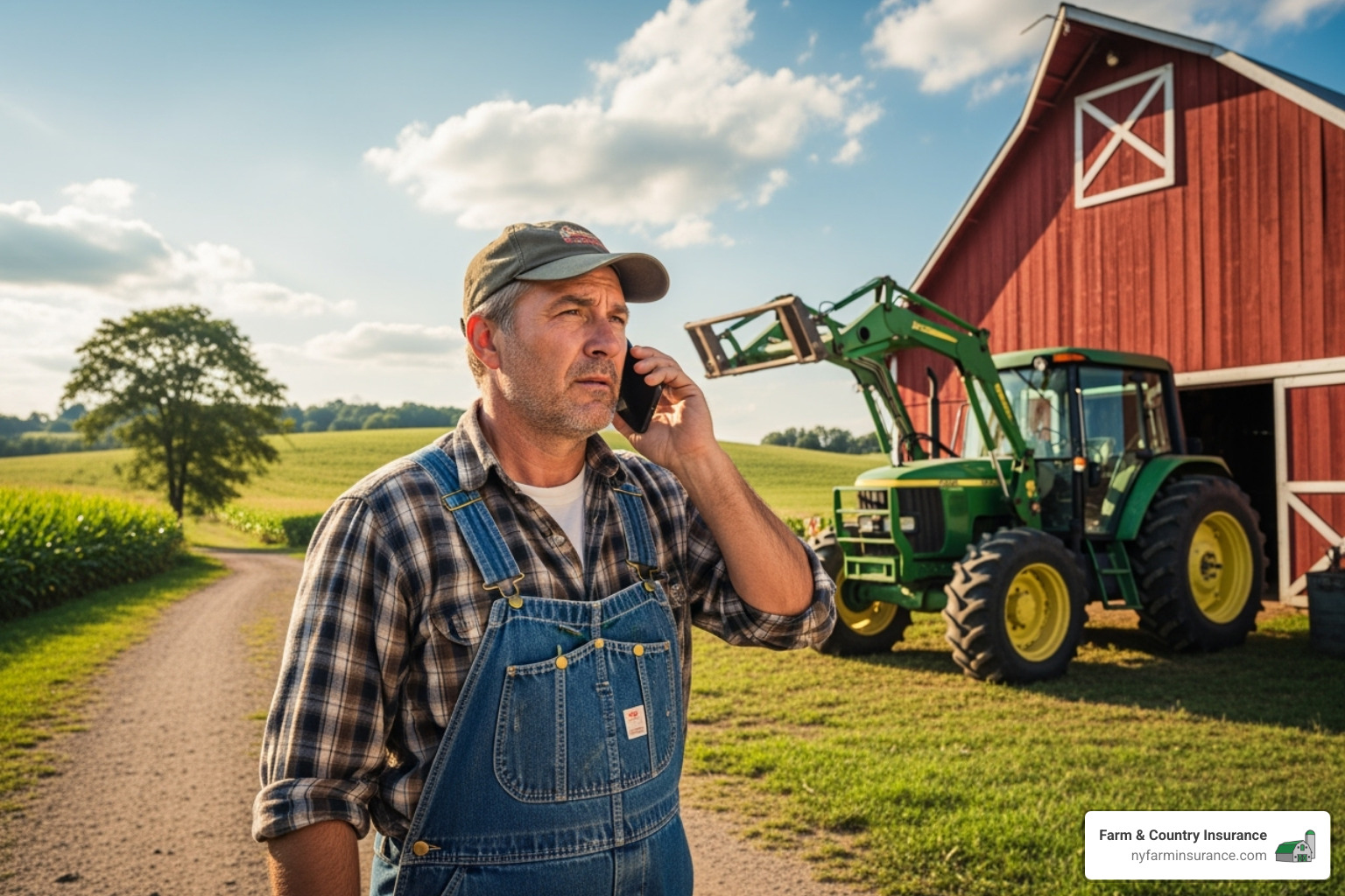 A farmer on the phone with an insurance agent, looking at their tractor parked outside a barn - tractor insurance policy A farmer on the phone with an insurance agent, looking at their tractor parked outside a barn - tractor insurance policy