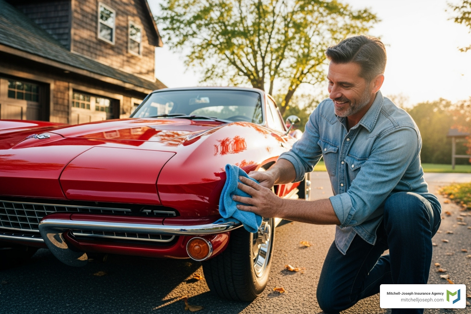 A smiling owner polishing their classic car - Collector Car Insurance