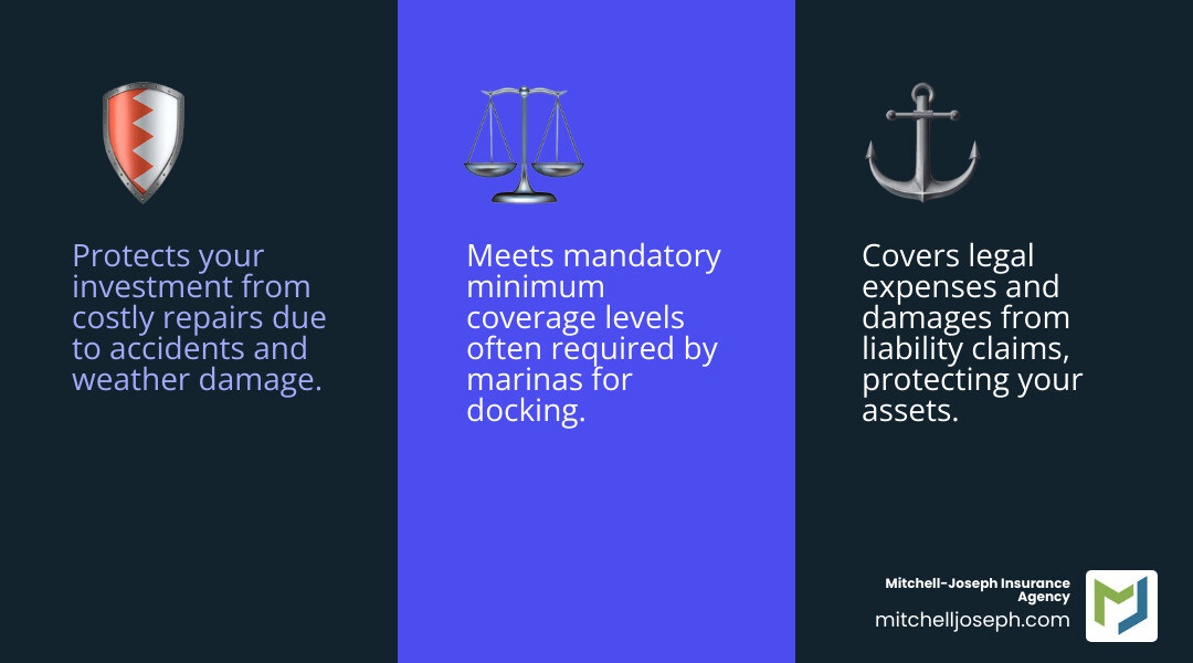 Infographic showing three main reasons to get boat insurance: accident protection covering collision and weather damage, liability coverage protecting against lawsuits from property damage or injuries, and marina requirements mandating minimum coverage levels for docking - boat insurance near me infographic 3_facts_emoji_blue Infographic showing three main reasons to get boat insurance: accident protection covering collision and weather damage, liability coverage protecting against lawsuits from property damage or injuries, and marina requirements mandating minimum coverage levels for docking - boat insurance near me infographic 3_facts_emoji_blue